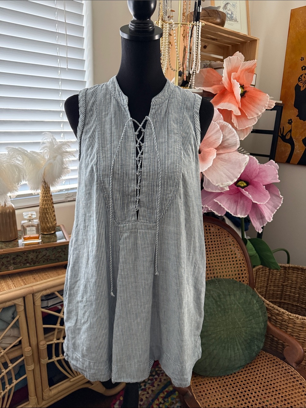 Free People Railroad Stripe Sleeveless Lace Up Detail Preppy Boho Mini Dress